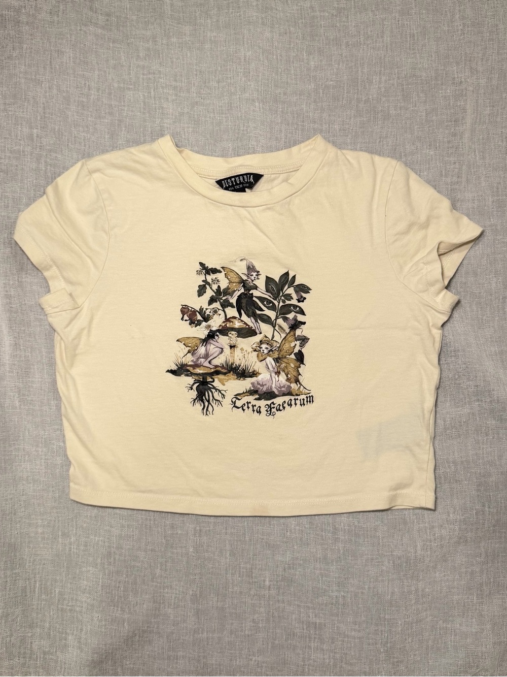Disturbia Fairy Mushroom Crop Top Maypole Cream Graphic Tee US 6